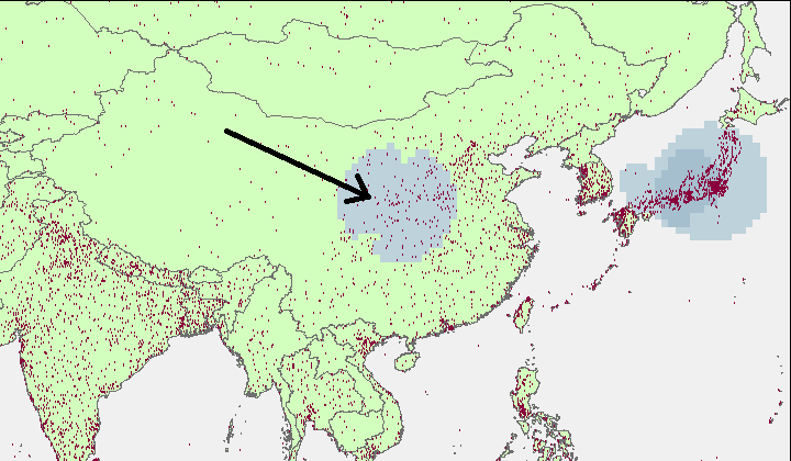 Point density map illustrating that many of the points in China were simply mapped to its centroid.
